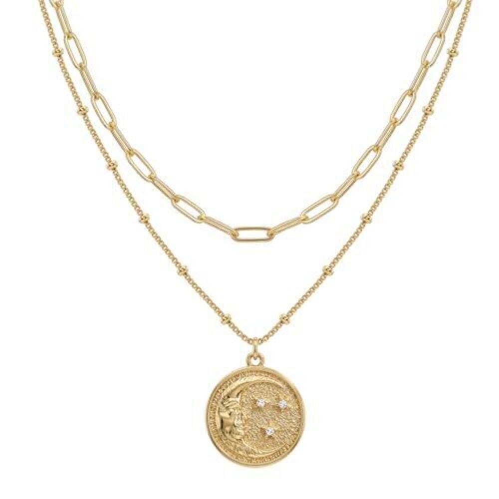4200 Gold Layered Choker Necklace , 18K Gold Plated Dainty CZ Cresent Moon